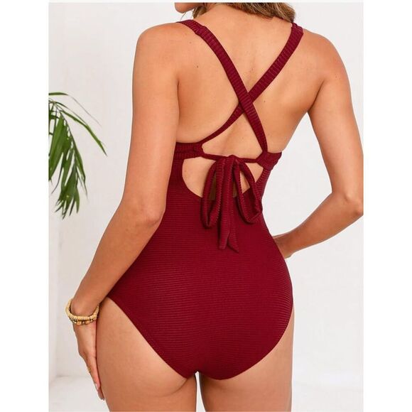 Cupshe NWT Maternity Scoop Neck Criss Cross Back Tie Ribbed One Piece Swimsuit R - Picture 2 of 15